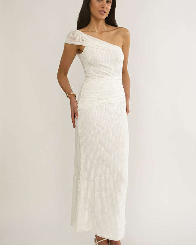 White One-Shoulder Textured Maxi Dress
