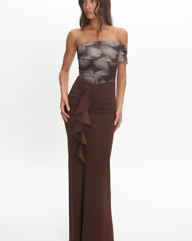 Brown One-Shoulder Ruffle Maxi Dress