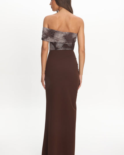 Brown One-Shoulder Ruffle Maxi Dress