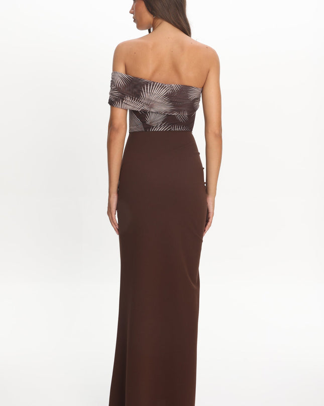 Brown One-Shoulder Ruffle Maxi Dress