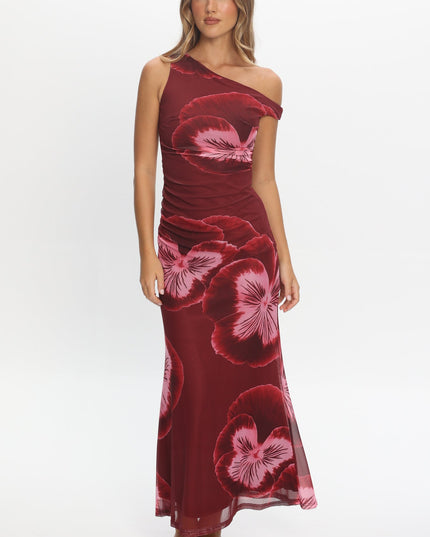 Wine Asymmetric Neckline Maxi Dress Floral