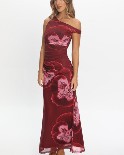 Wine Asymmetric Neckline Maxi Dress Floral