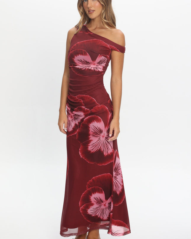 Wine Asymmetric Neckline Maxi Dress Floral