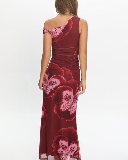 Wine Asymmetric Neckline Maxi Dress Floral