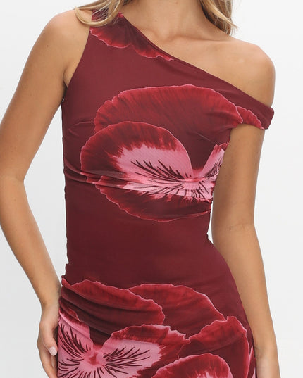Wine Asymmetric Neckline Maxi Dress Floral
