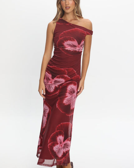 Wine Asymmetric Neckline Maxi Dress Floral