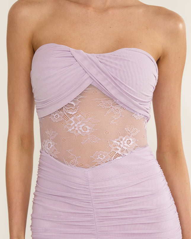 Lilac Strapless Sheer Panel Ruched Maxi Dress