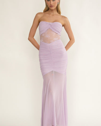 Lilac Strapless Sheer Panel Ruched Maxi Dress