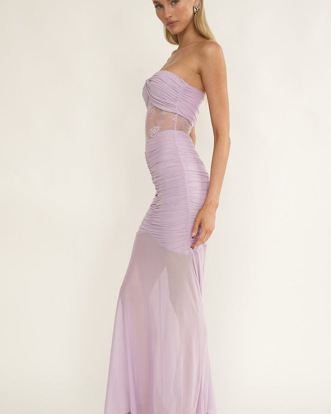Lilac Strapless Sheer Panel Ruched Maxi Dress