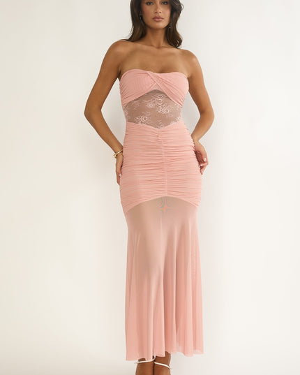 Blush Strapless Sheer Panel Ruched Maxi Dress