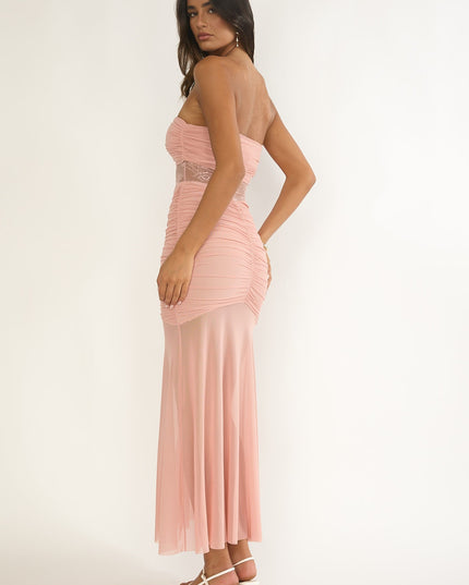 Blush Strapless Sheer Panel Ruched Maxi Dress
