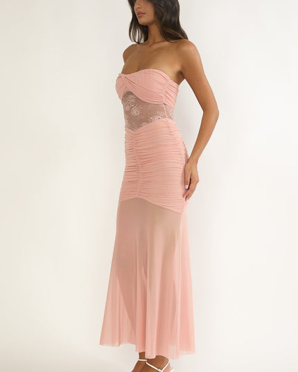 Blush Strapless Sheer Panel Ruched Maxi Dress