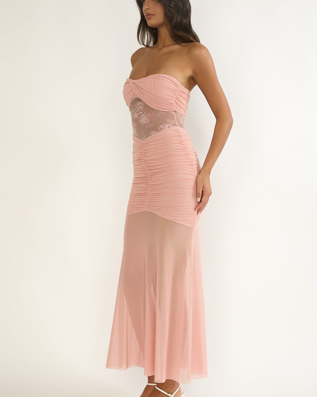 Blush Strapless Sheer Panel Ruched Maxi Dress