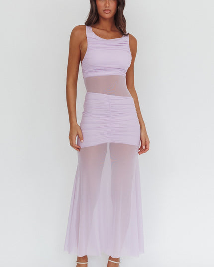 Lilac Sheer Panel Ruched Maxi Dress