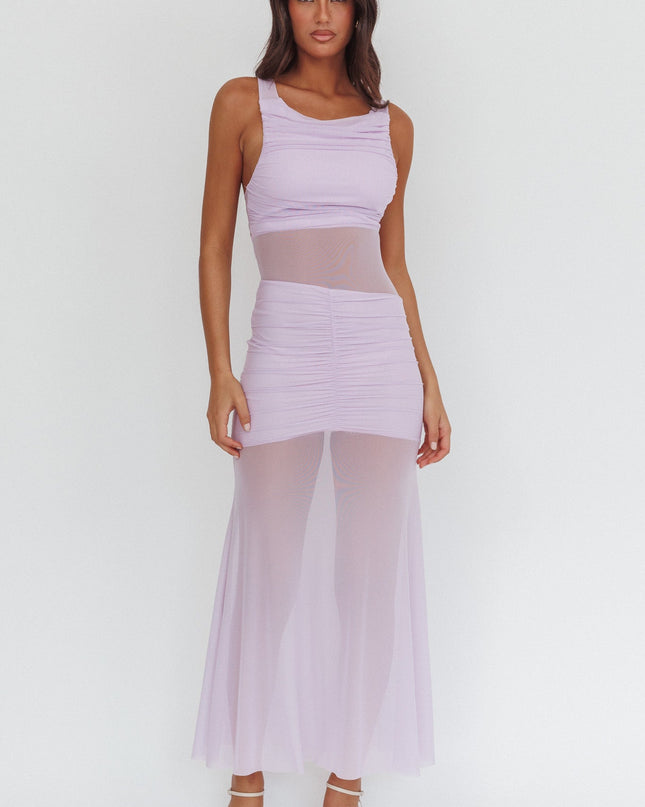 Lilac Sheer Panel Ruched Maxi Dress