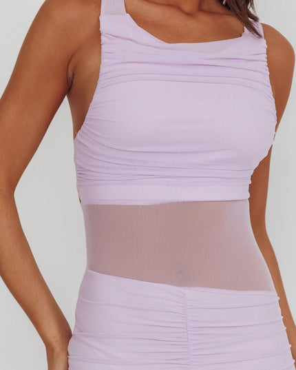 Lilac Sheer Panel Ruched Maxi Dress