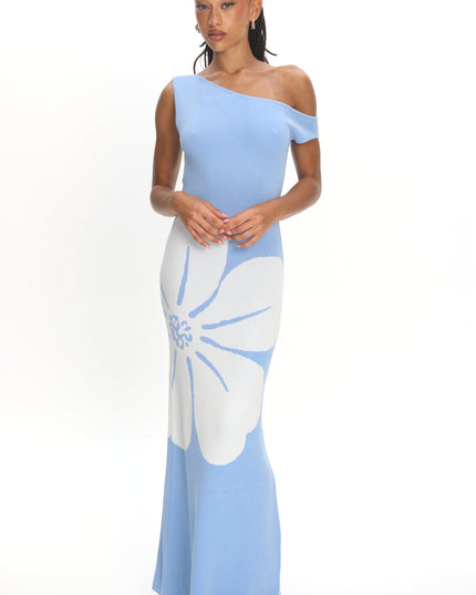 Blue Sun Asymmetric Neckline Knit Dress Flower