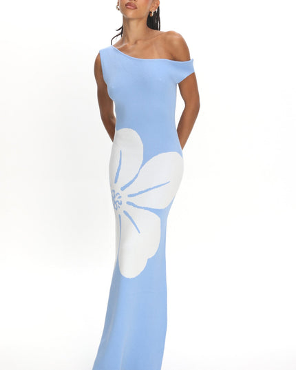 Blue Sun Asymmetric Neckline Knit Dress Flower