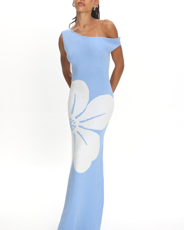 Blue Sun Asymmetric Neckline Knit Dress Flower