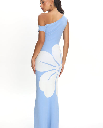 Blue Sun Asymmetric Neckline Knit Dress Flower