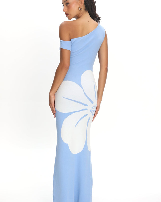 Blue Sun Asymmetric Neckline Knit Dress Flower