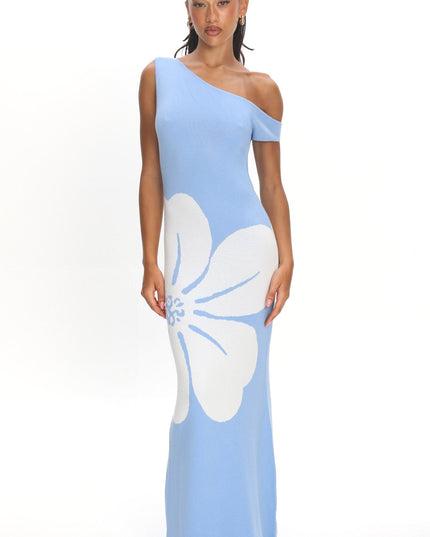 Blue Sun Asymmetric Neckline Knit Dress Flower
