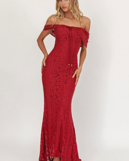 Wine Off-Shoulder Maxi Dress Lace