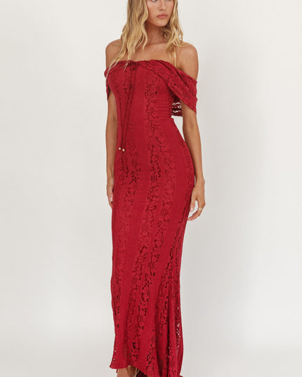 Wine Off-Shoulder Maxi Dress Lace