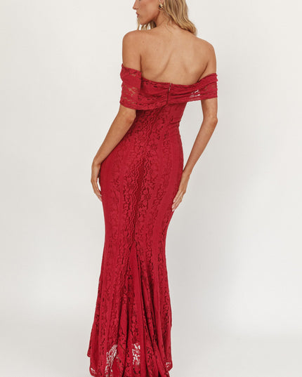 Wine Off-Shoulder Maxi Dress Lace
