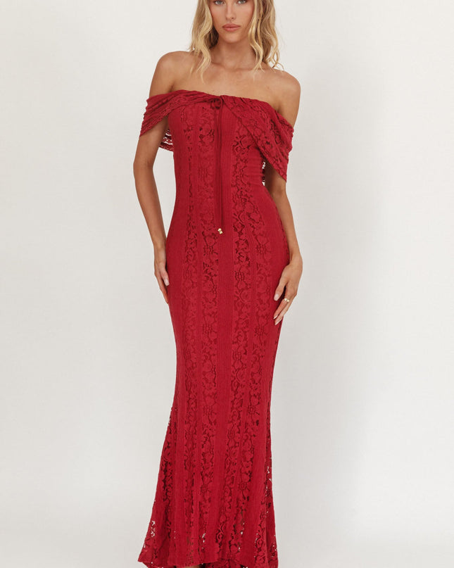 Wine Off-Shoulder Maxi Dress Lace