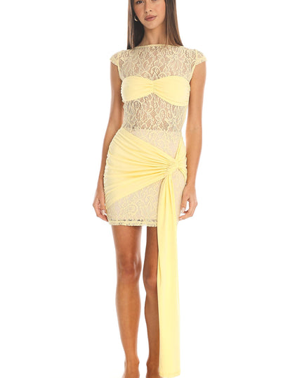 Lemon Sash Lace Overlay Mini Dress