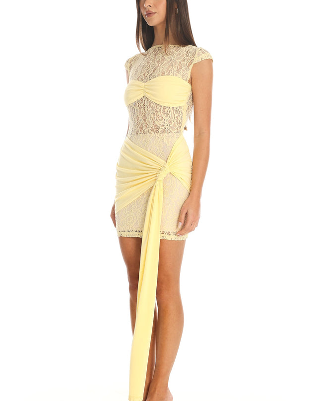 Lemon Sash Lace Overlay Mini Dress