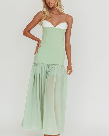 Sage Sweetheart Neckline Sheer Hem Maxi Dress