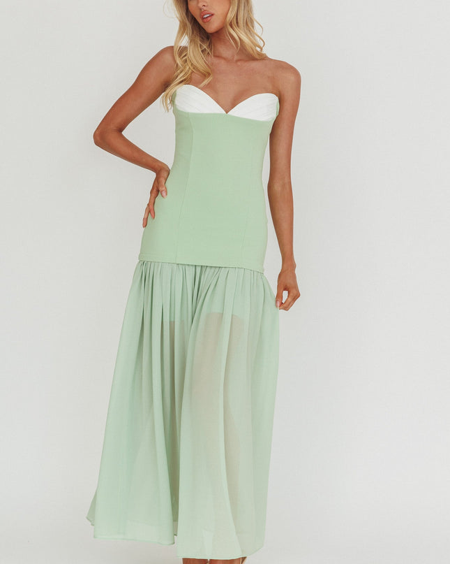 Sage Sweetheart Neckline Sheer Hem Maxi Dress