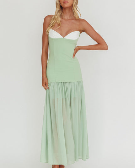 Sage Sweetheart Neckline Sheer Hem Maxi Dress