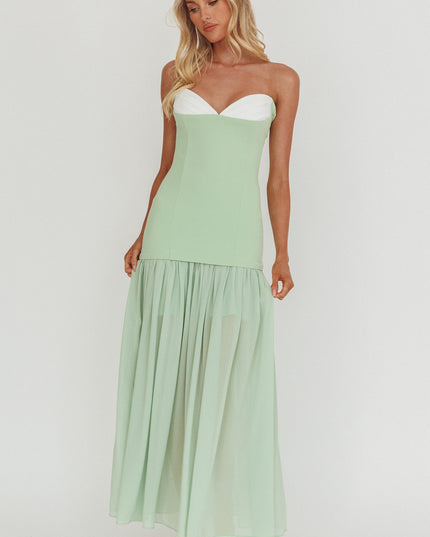 Sage Sweetheart Neckline Sheer Hem Maxi Dress