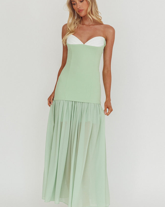 Sage Sweetheart Neckline Sheer Hem Maxi Dress