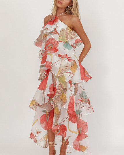 Red Tiered Ruffle Maxi Dress Floral
