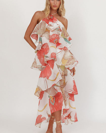 Red Tiered Ruffle Maxi Dress Floral