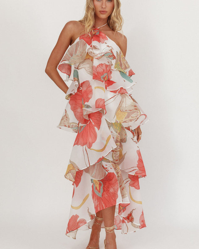 Red Tiered Ruffle Maxi Dress Floral