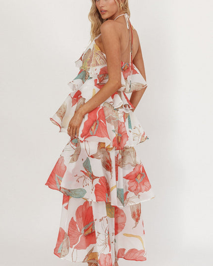 Red Tiered Ruffle Maxi Dress Floral