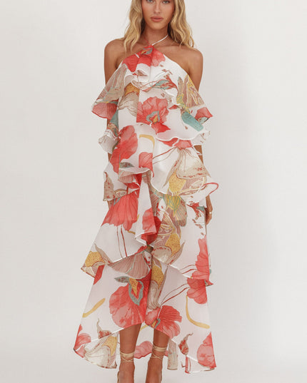 Red Tiered Ruffle Maxi Dress Floral