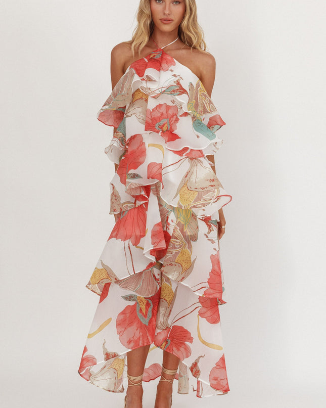 Red Tiered Ruffle Maxi Dress Floral