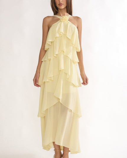 Yellow Tiered Ruffle Rosette Maxi Dress