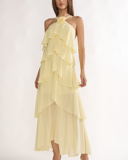 Yellow Tiered Ruffle Rosette Maxi Dress