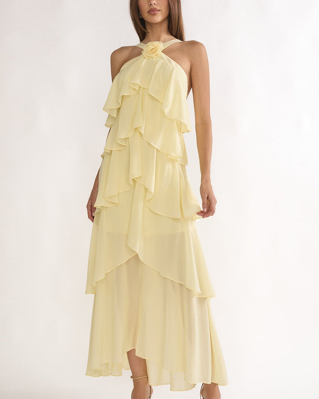 Yellow Tiered Ruffle Rosette Maxi Dress