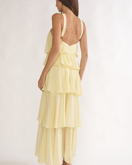 Yellow Tiered Ruffle Rosette Maxi Dress