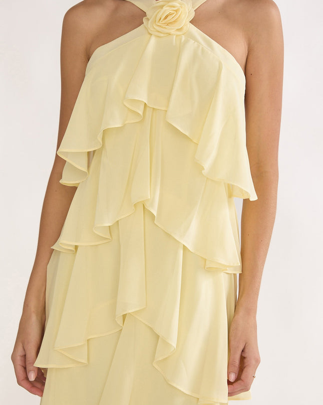 Yellow Tiered Ruffle Rosette Maxi Dress