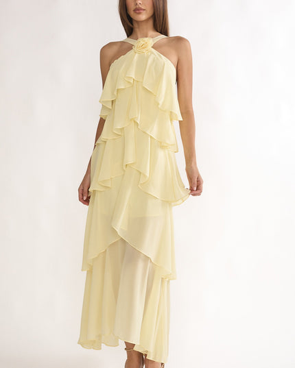Yellow Tiered Ruffle Rosette Maxi Dress