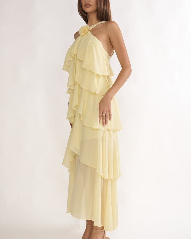 Yellow Tiered Ruffle Rosette Maxi Dress